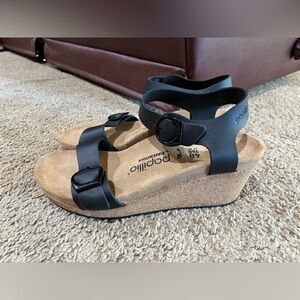 Papillio Birkenstock Soley Ring Buckle Wedge Sandal Black Leather Size US 9 EU40
